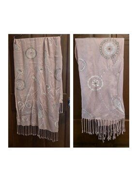 PINK SOFT PASHMINA STYLE PAISLEY BEADED SEQUIN FRINGED SCARF/SHAWL/WRAP 21" X 62